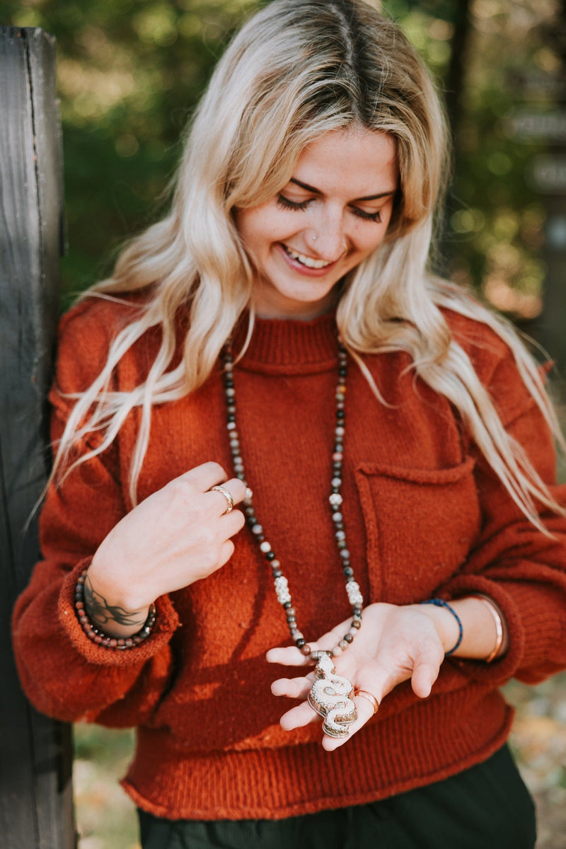 Mala Beads Snake of Renewal Mala with Petrified Wood ML974