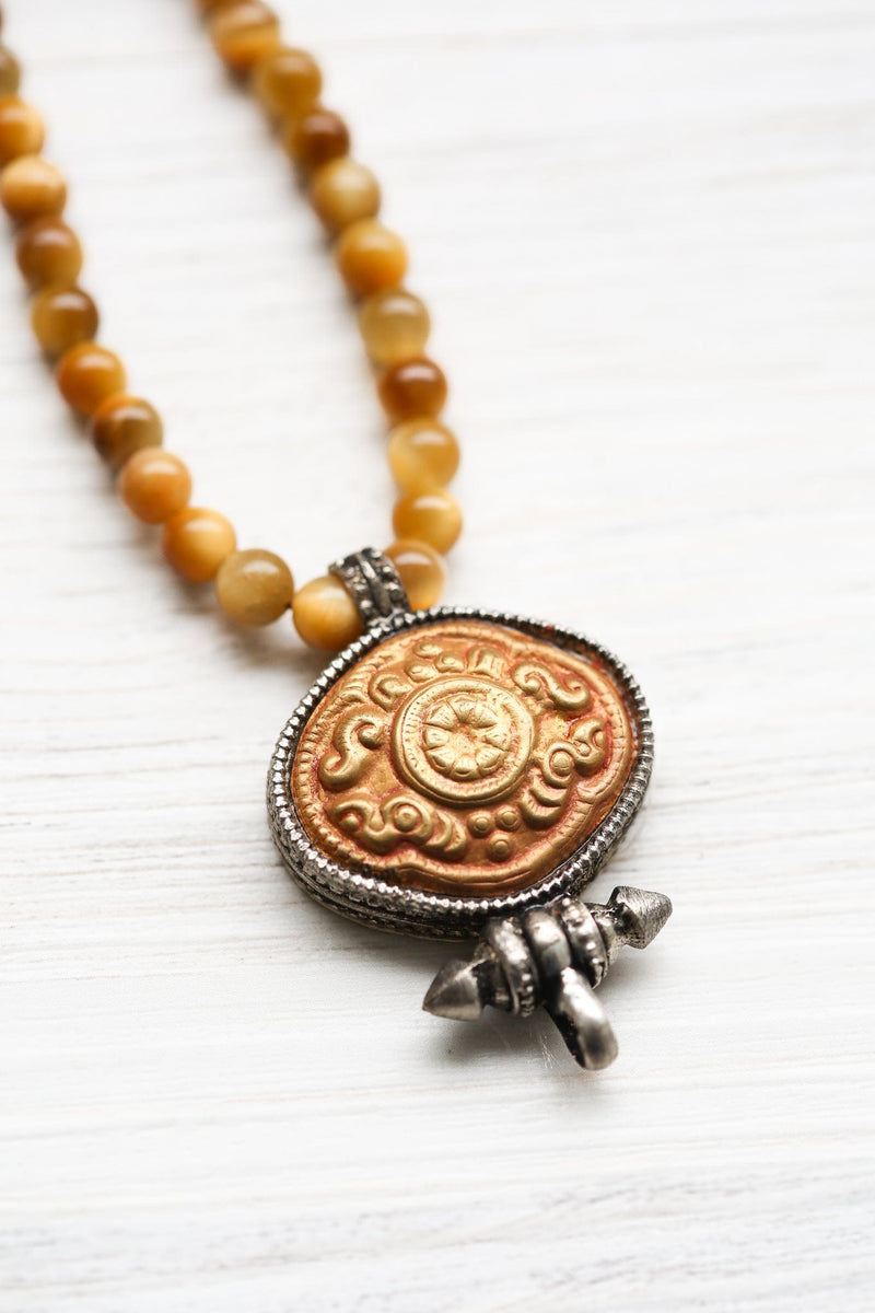 Mala Beads Sun Within Mala - Yellow Tiger Eye & Gau Locket ML951