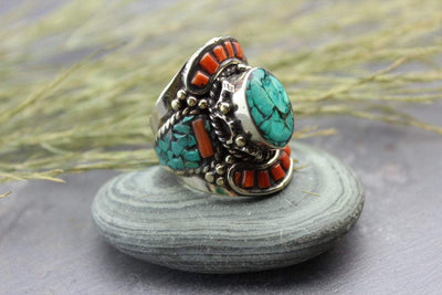 Jewelry,New Items 8 1/2 Tibetan Coral and Turquoise Ring jr119.085