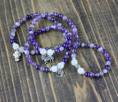 Mala Beads Default Stretchy Amethyst Mala with Snow Quartz and Silver Charms ML242
