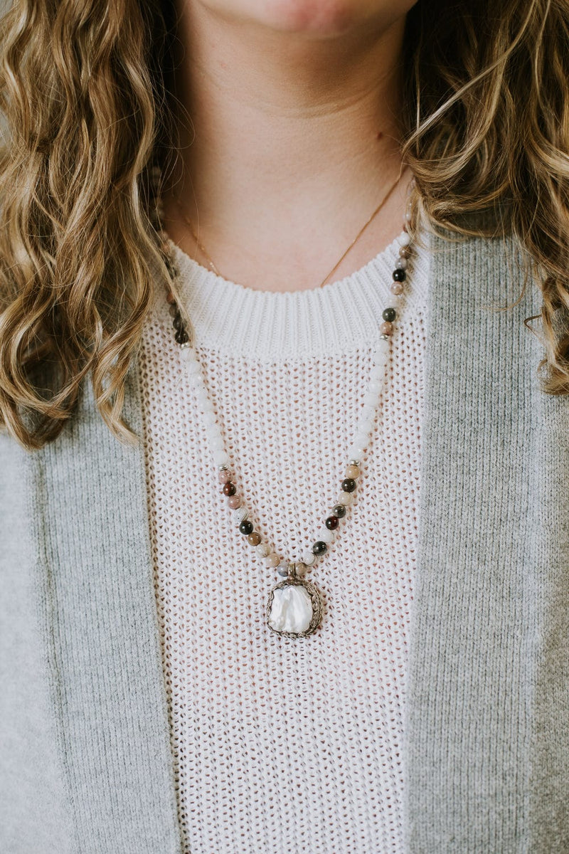 Mala Beads Petrified Wood & Mother of Pearl Mala ML857