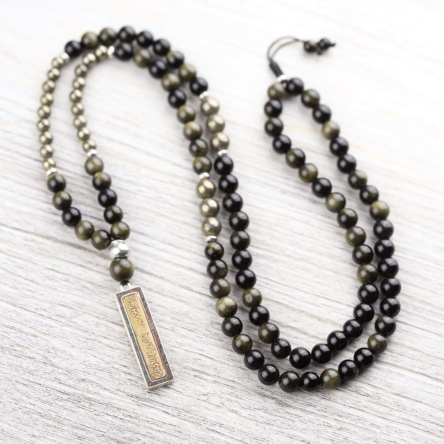 Mala Beads Protective Obsidian and Tibetan Pendant Mala ML590