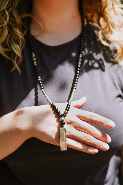 Mala Beads Protective Obsidian and Tibetan Pendant Mala ML590