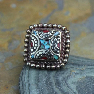 Rings 5 Tibetan Turquoise and Coral Adjustable Square Ring jr131size5
