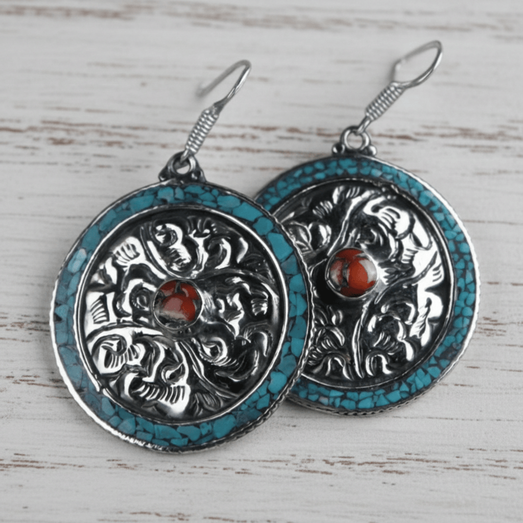 Earrings Tibetan Hand-Carved Silver and Turquoise Earrings je127