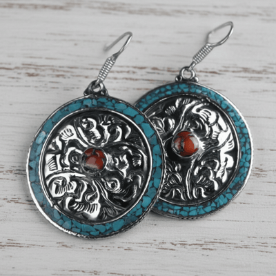 Earrings Tibetan Hand-Carved Silver and Turquoise Earrings je127