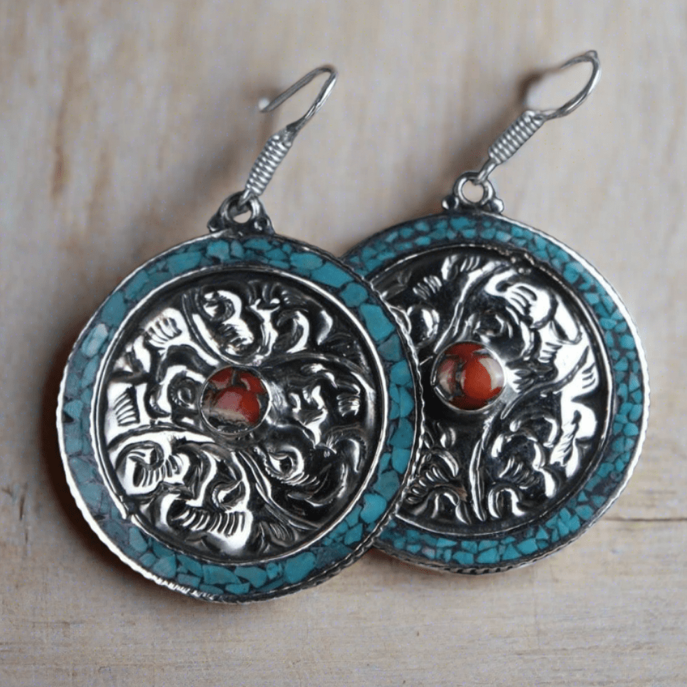 Earrings Tibetan Hand-Carved Silver and Turquoise Earrings je127