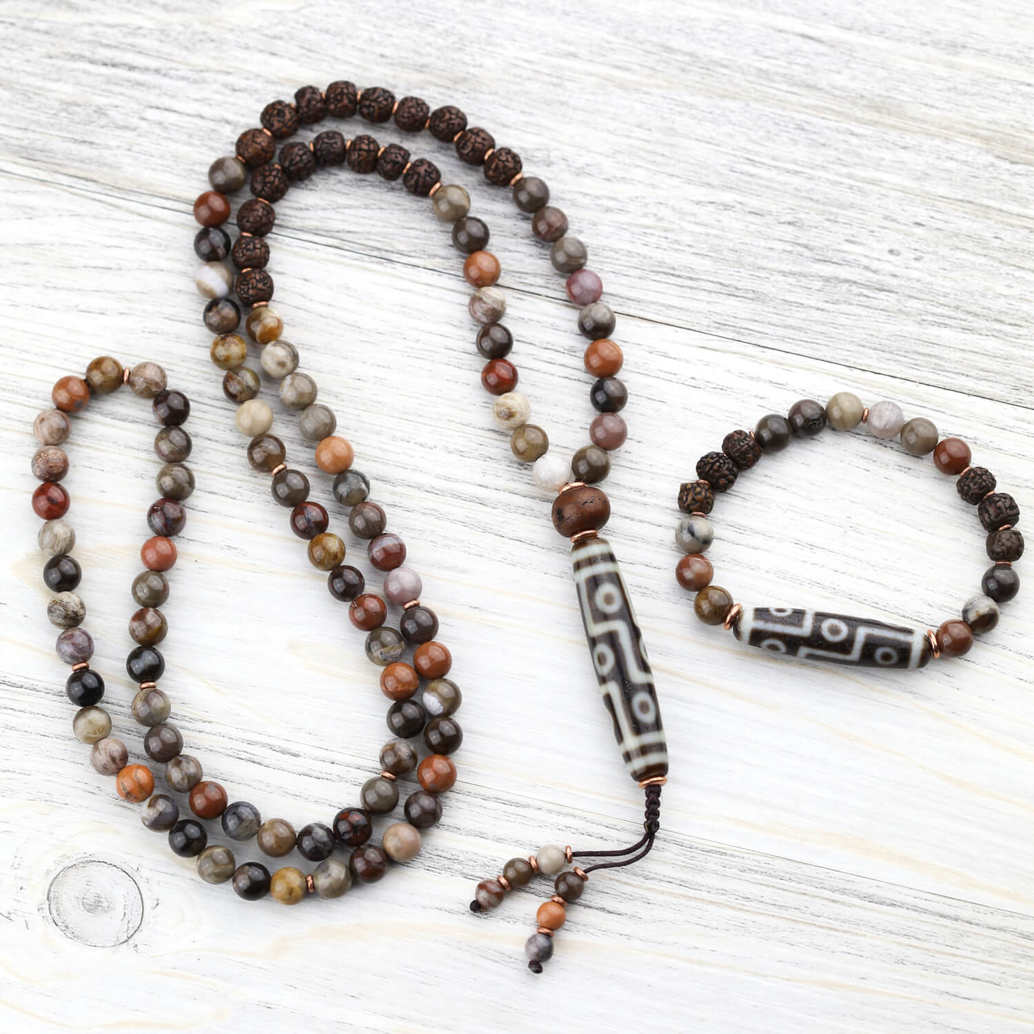 Mala Beads 9 Eye Dzi Astrology & Petrified Wood Wrist Mala