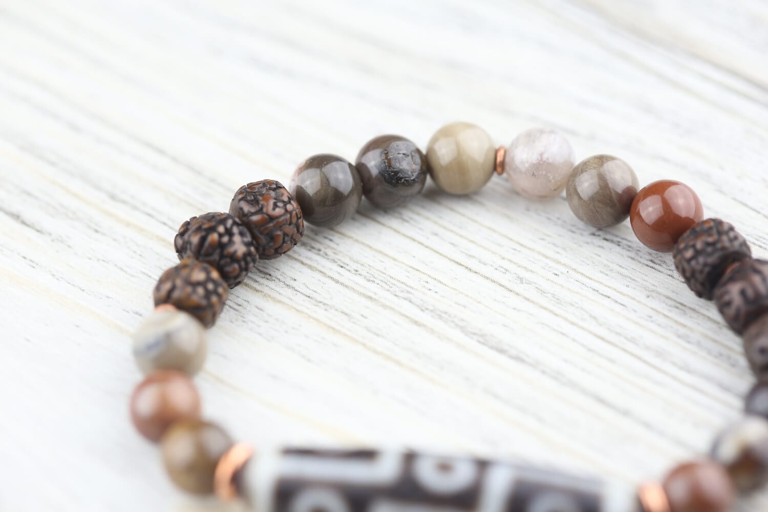 Mala Beads 9 Eye Dzi Astrology & Petrified Wood Wrist Mala