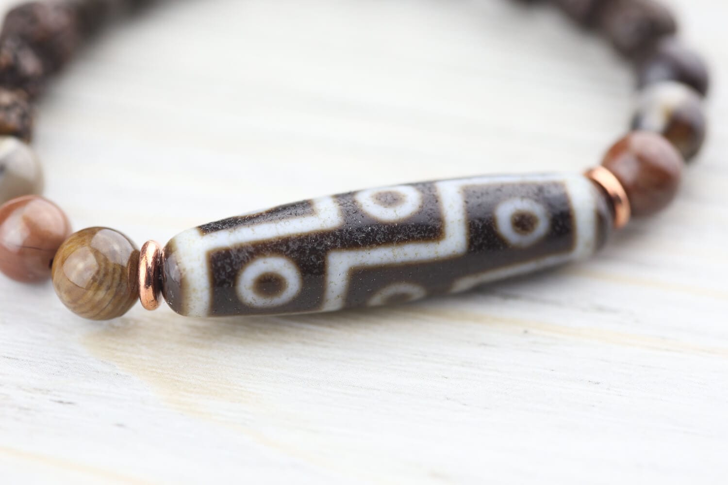 Mala Beads 9 Eye Dzi Astrology & Petrified Wood Wrist Mala