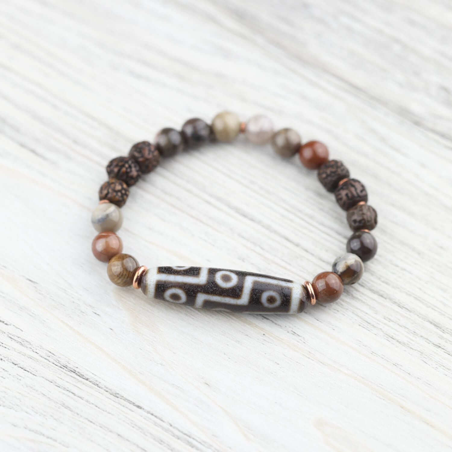 Mala Beads 9 Eye Dzi Astrology & Petrified Wood Wrist Mala