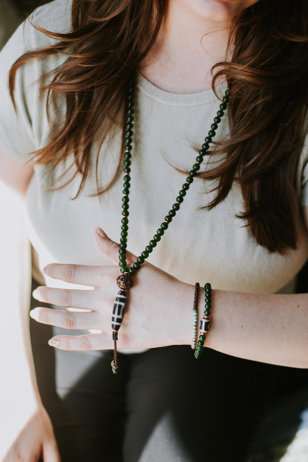 Mala Beads 9 Eye Dzi Heart Chakra Jade Mala