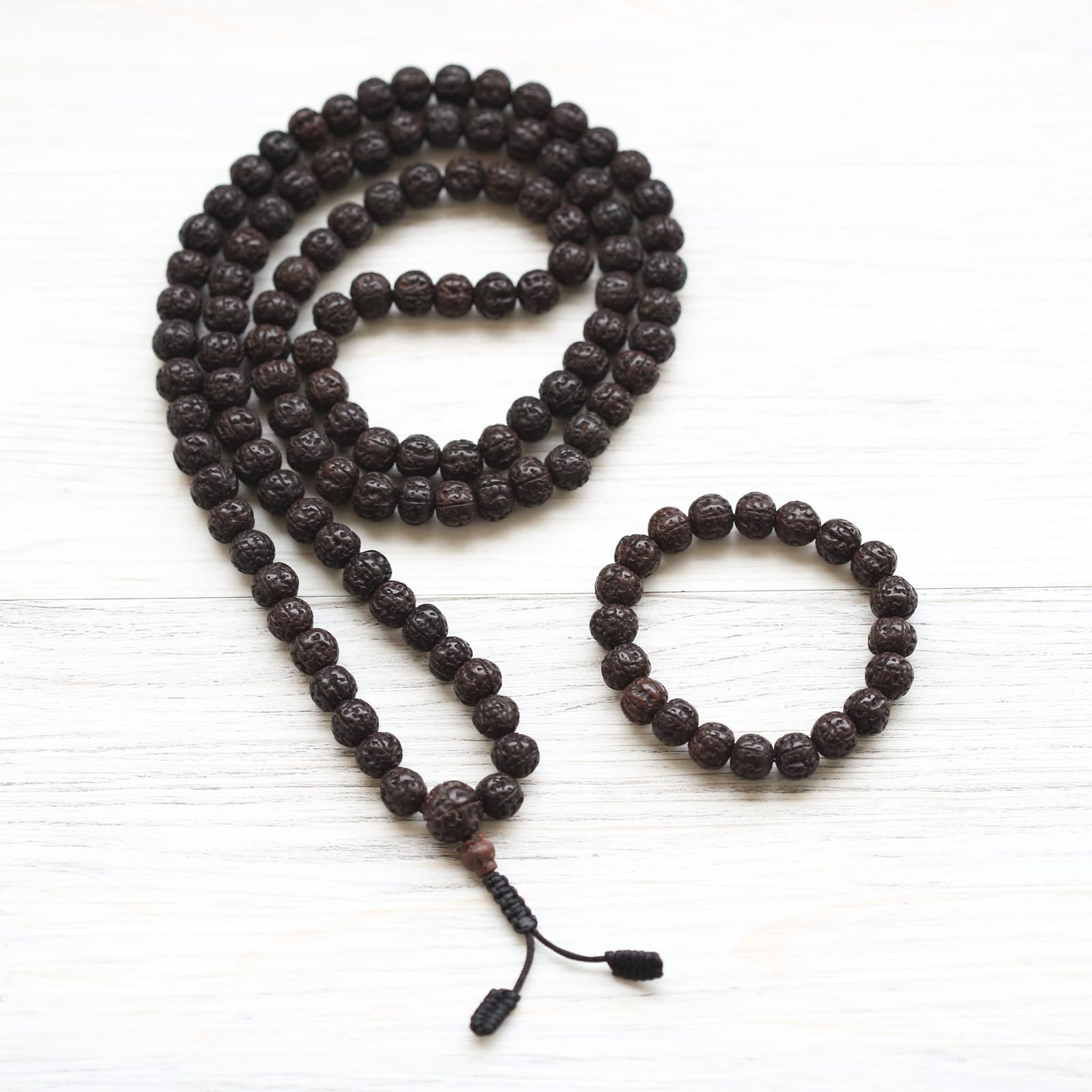 Mala Beads Aged Dark Rudraksha Mala & Bracelet Set