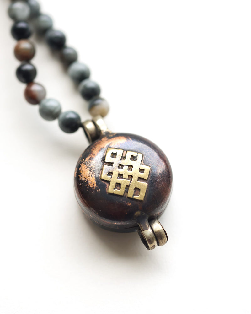 Mala Beads Sacred Symbols Tibetan Locket Mala - Om & Eternal Knot ML952