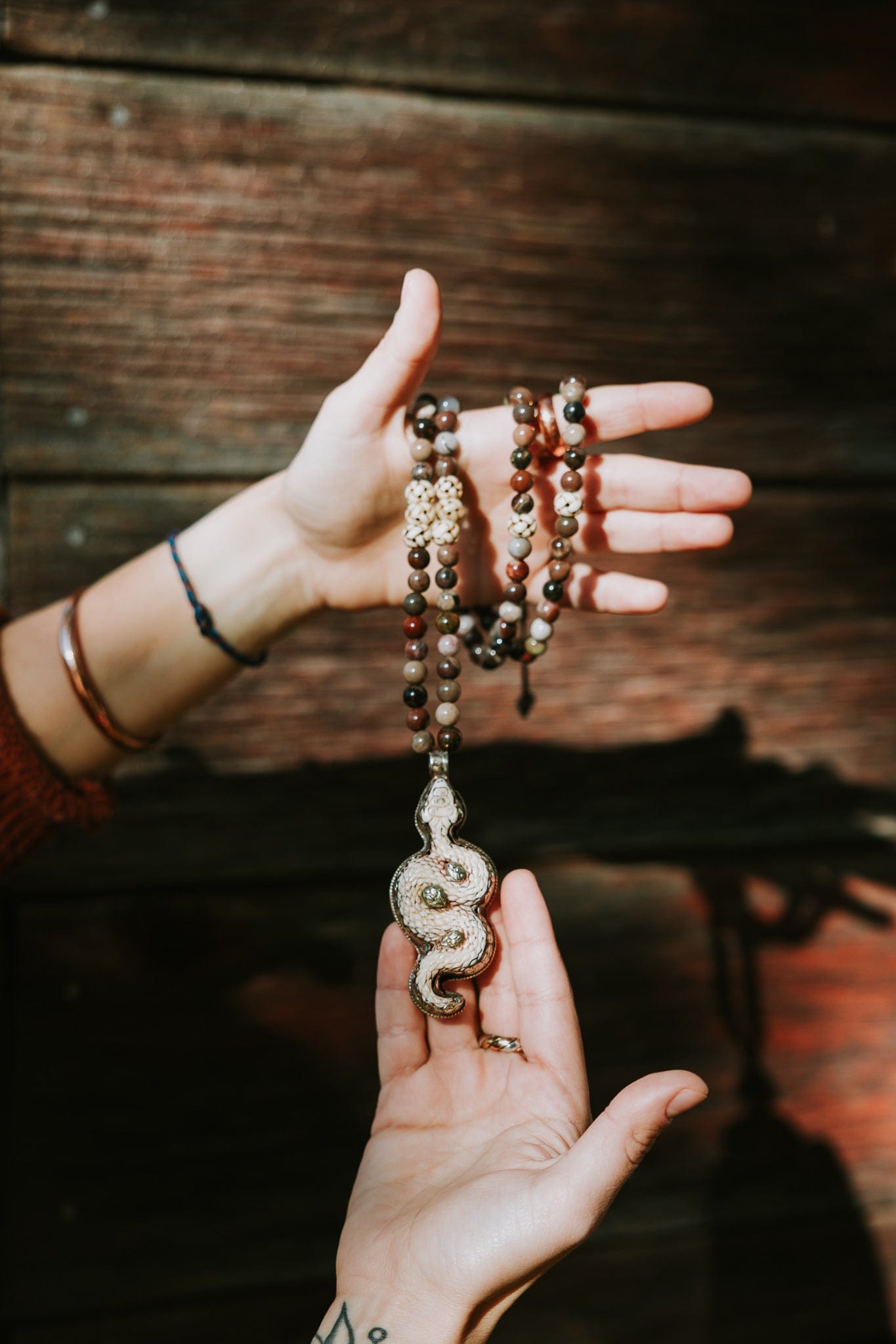Mala Beads Snake of Renewal Mala with Petrified Wood ML974