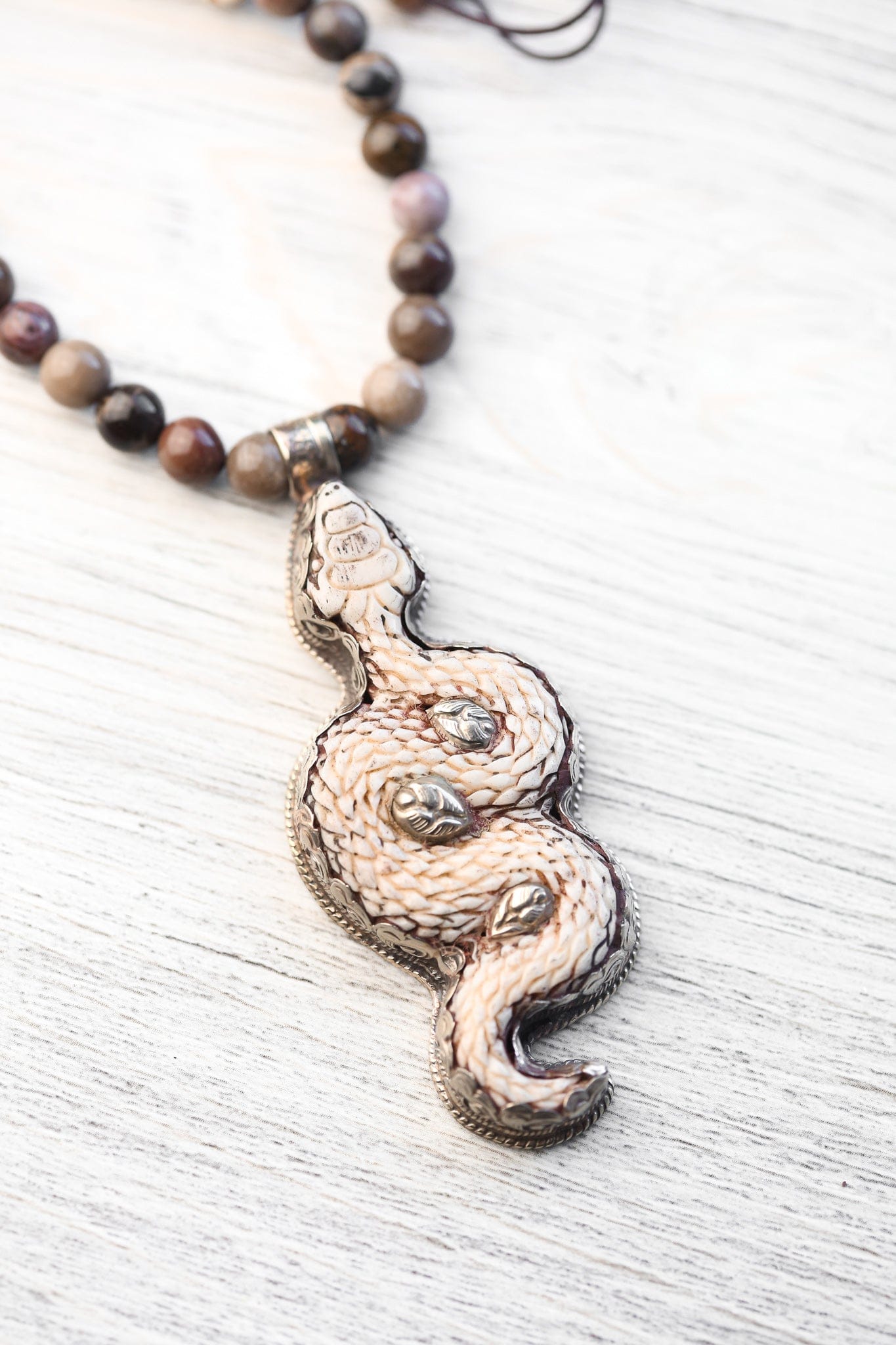 Mala Beads Snake of Renewal Mala with Petrified Wood ML974