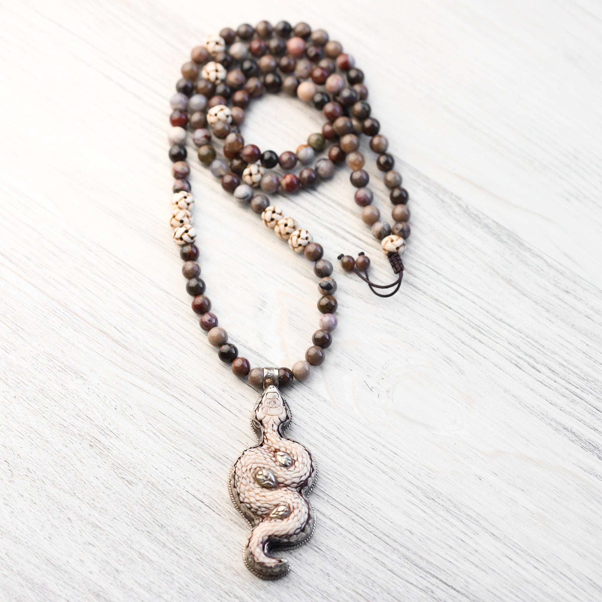 Mala Beads Snake of Renewal Mala with Petrified Wood ML974