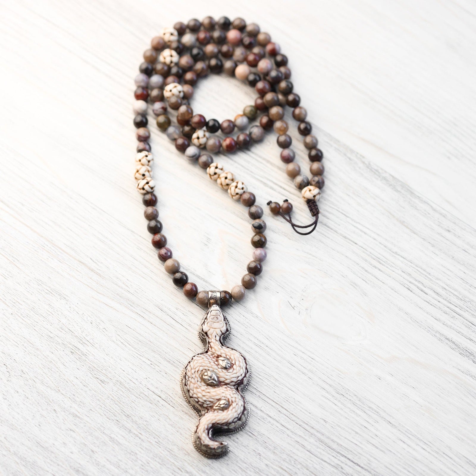 Mala Beads Snake of Renewal Mala with Petrified Wood ML974