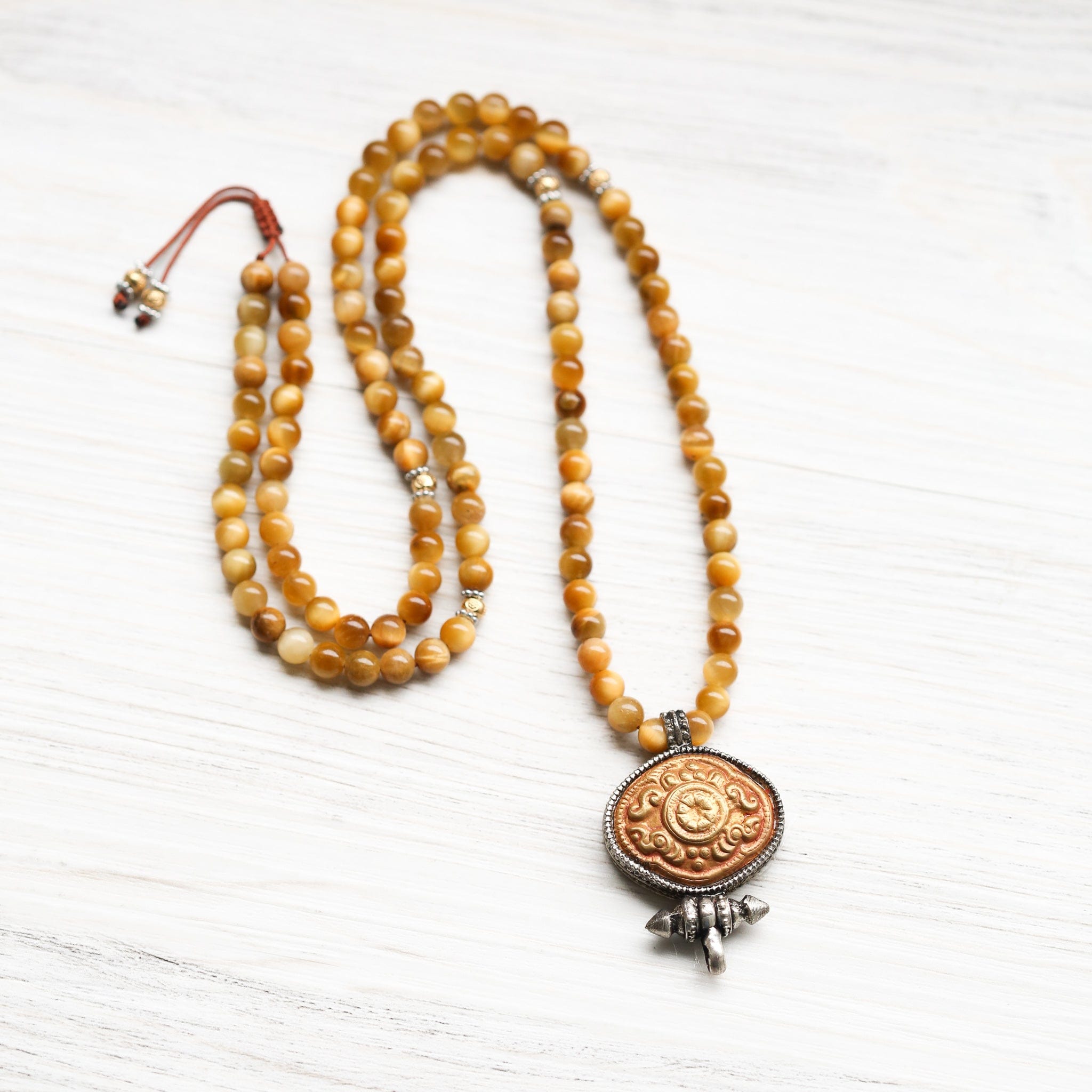 Mala Beads Sun Within Mala - Yellow Tiger Eye & Gau Locket ML951