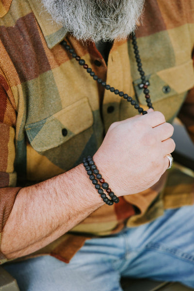 Wrist Malas Double Wrap Lava Rock & Thai Wood Beads Mala Bracelet wm225