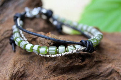 Bracelets Default Hand Painted Green Glass and Thai Silver Beaded Bracelet jb440