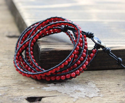 Bracelets Default Red Wrap Bracelet on Leather Cord jb151