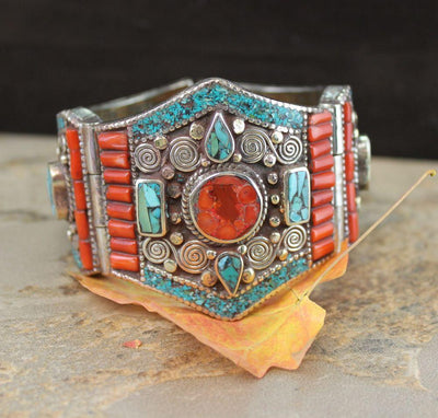 Bracelets Default Turquoise and Coral Bracelet Traditional Tibetan Style jb078