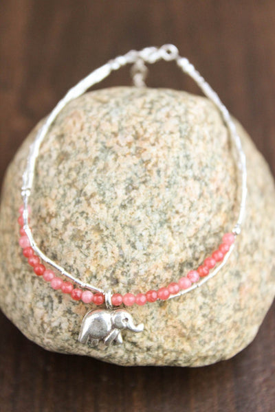 Bracelets Rose Quartz and Silver Bracelet with Elephant Charm JB677