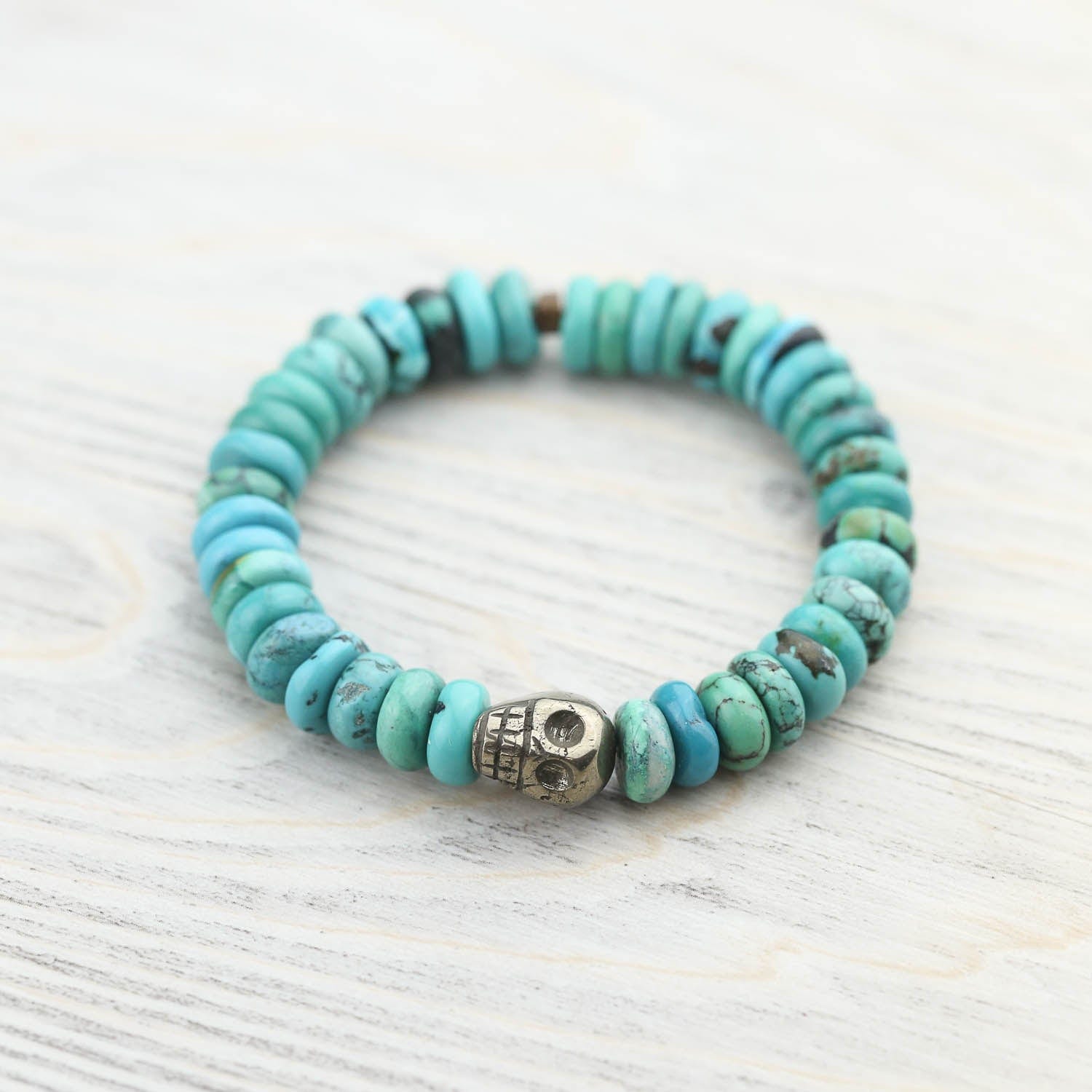 Bracelets True Turquoise Bracelet with Pyrite Skull
