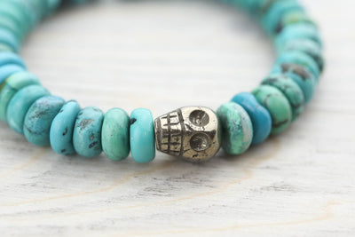 Bracelets True Turquoise Bracelet with Pyrite Skull