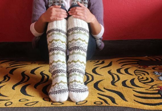 Clothing Default White Multi Color Wool Slipper Socks wo116