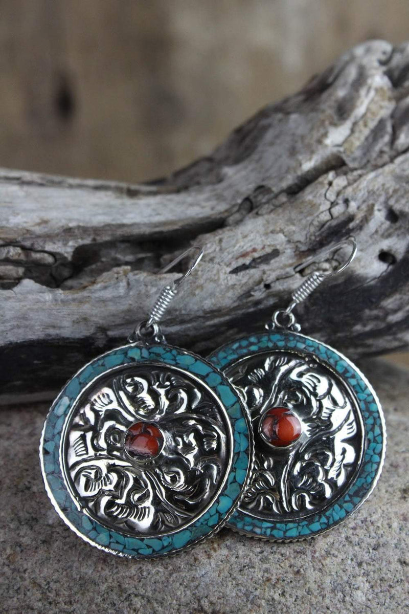 Earrings Tibetan Hand-Carved Silver and Turquoise Earrings je127