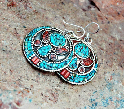 Earrings Default Traditional Inlaid Turquoise and Coral Earrings je148