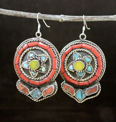 Earrings Default Traditional Tibetan Copal Turquoise Coral Earrings je088
