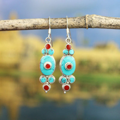 Earrings Turquoise and Coral Prosperity Earrings JE513