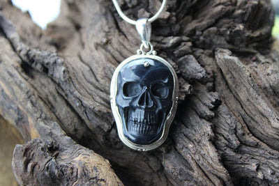 Gifts,Jewelry,One of a Kind,New Items,Buddha,Skulls,Tibetan Style,Men's Jewelry Default Onyx and Sterling Skull Pendant jp390
