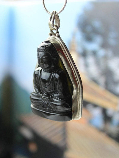 Gifts,Jewelry,One of a Kind,New Items,Buddha,Tibetan Style,Men's Jewelry Default Onyx and Sterling Silver Buddha Amulet jp388
