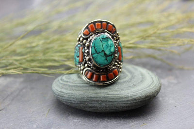 Jewelry,New Items 8 1/2 Tibetan Coral and Turquoise Ring jr119.085