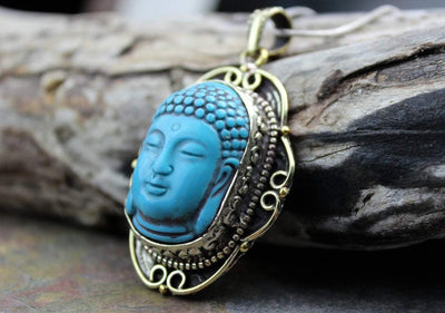 Jewelry,New Items,Buddha Default Turquoise and Brass Buddha Head Pendant jp442