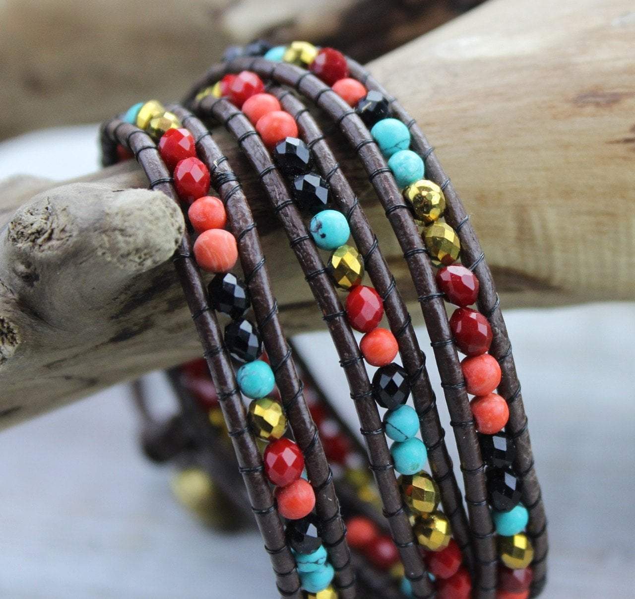 Jewelry,New Items Default Leather and Multicolored Bead Wrap Bracelet jb154