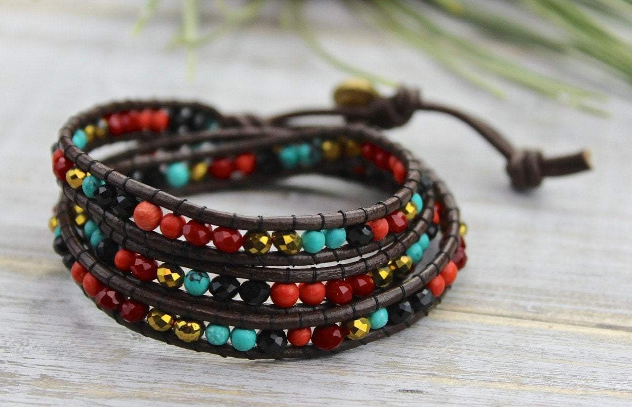 Jewelry,New Items Default Leather and Multicolored Bead Wrap Bracelet jb154