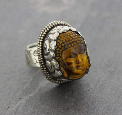 Jewelry,New Items Default Solid silver Adjustable Tiger Eye Buddha Rings jr071-Tiger Eye