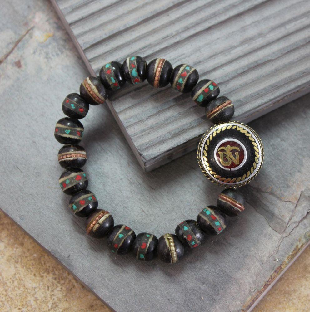 Jewelry,New Items,Om Default Inlaid Bone Wrist Mala with Vintage OM Bead wm184