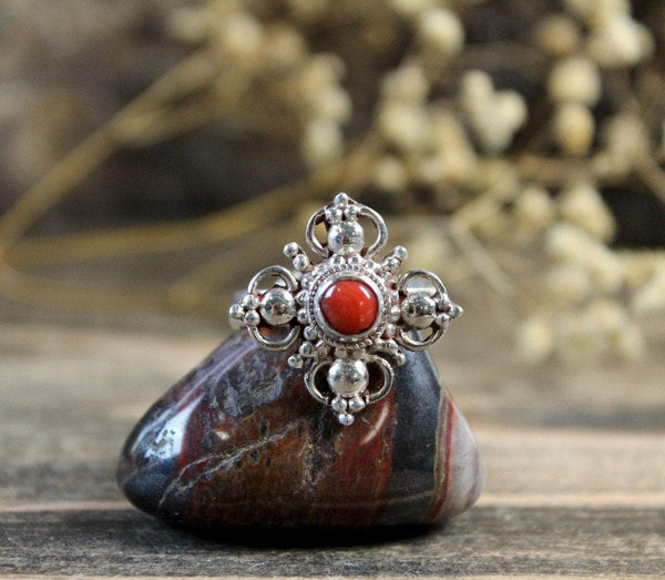 Adjustable Coral Double Dorje Ring - DharmaShop