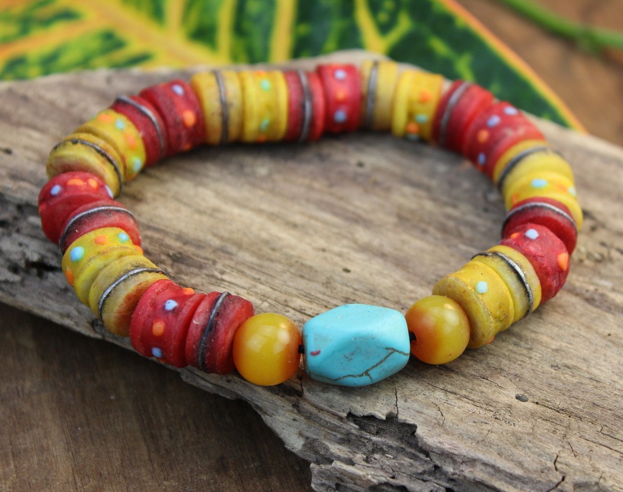 Jewelry,New Items,Tibetan Style Default Amber Colored Yak Bone and Turquoise Wrist Mala wm156-B