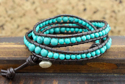 Jewelry,New Items,Under 35 Dollars Default Leather and Turquoise Bead Wrap Bracelet jb156