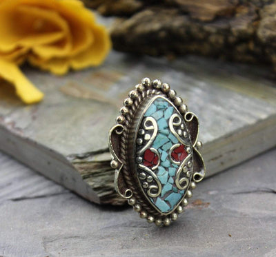 Jewelry,New Items,Under 35 Dollars,Turquoise 5 Adjustable Tibetan Coral and Turquoise Ring jr138.05