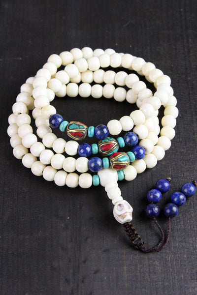 Mala Beads 108 Bead Yak Bone Mala with Lapis and Traditional Tibetan Beads ML530
