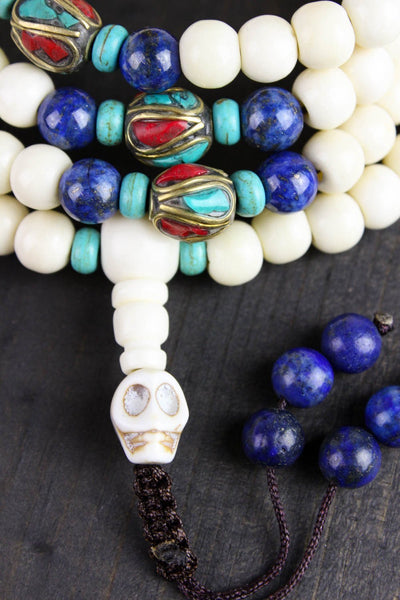 Mala Beads 108 Bead Yak Bone Mala with Lapis and Traditional Tibetan Beads ML530