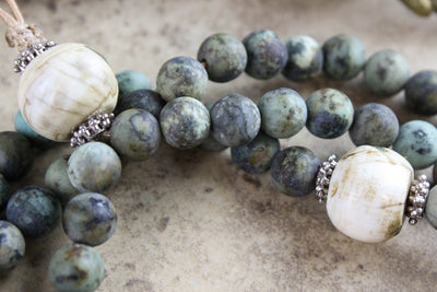 Mala Beads Encouraging African Turquoise Mala with Naga Shell Pendant ML521